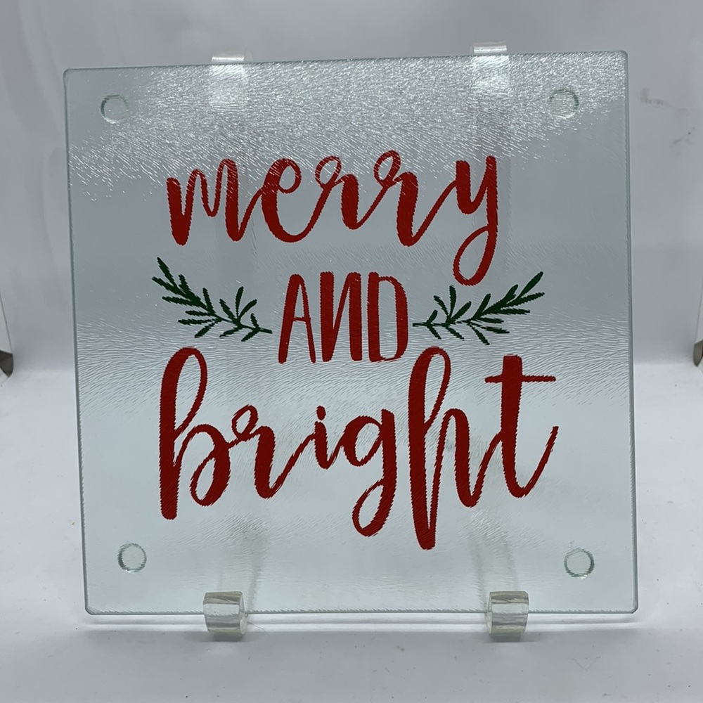 Glass Cutting Board Trivet MERRY AND BRIGHT
